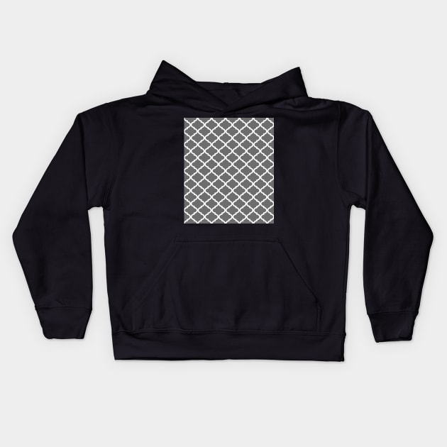 Charcoal Grey and White Quatrefoil Pattern Kids Hoodie by dreamingmind